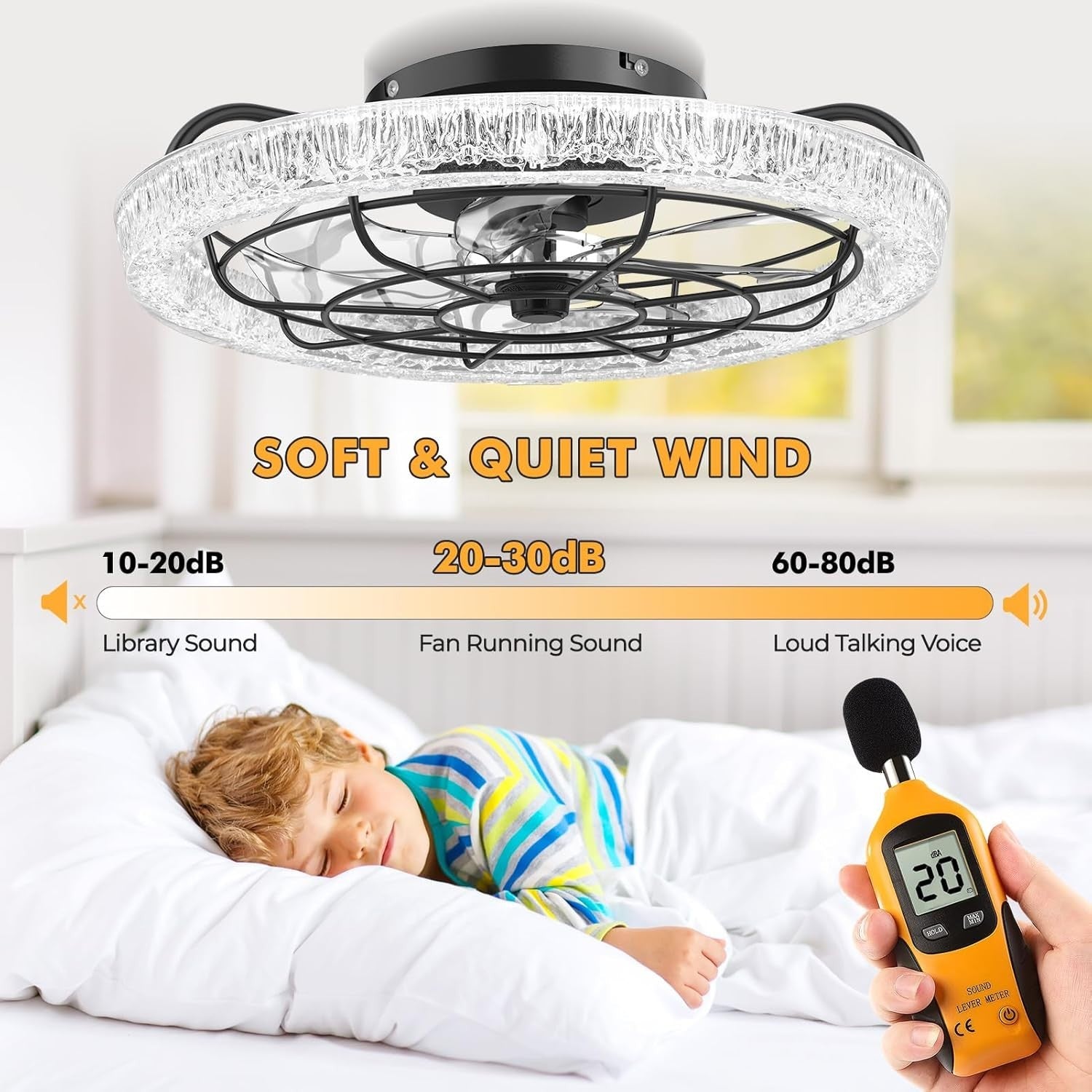 Bellanny 49CM Ceiling Fan, 6 Speeds, Dimmable LED, Reversible, Quiet Motor
