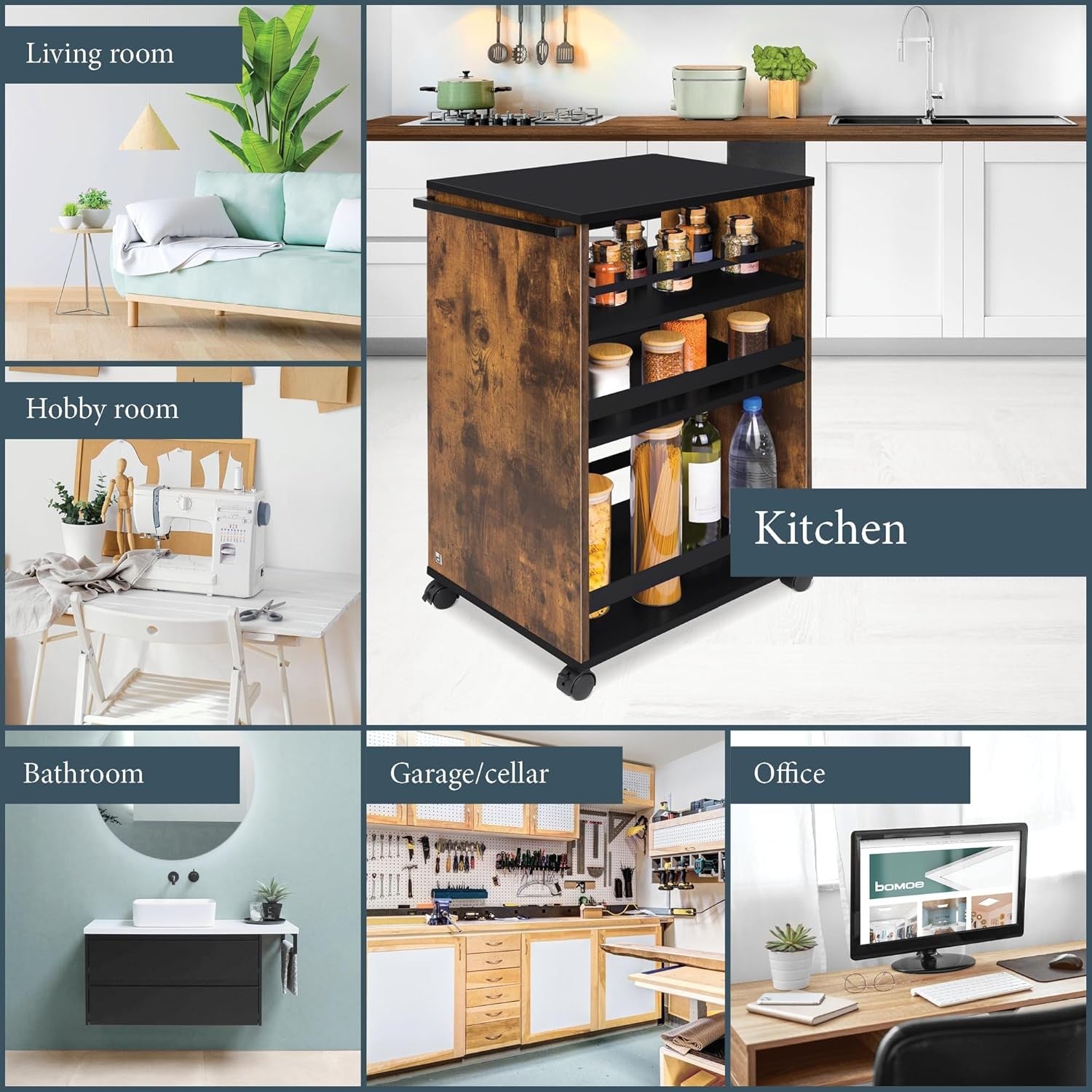 Kitchen Cart Trolley on Wheels 3 Tier Adjustable Shelves Wooden