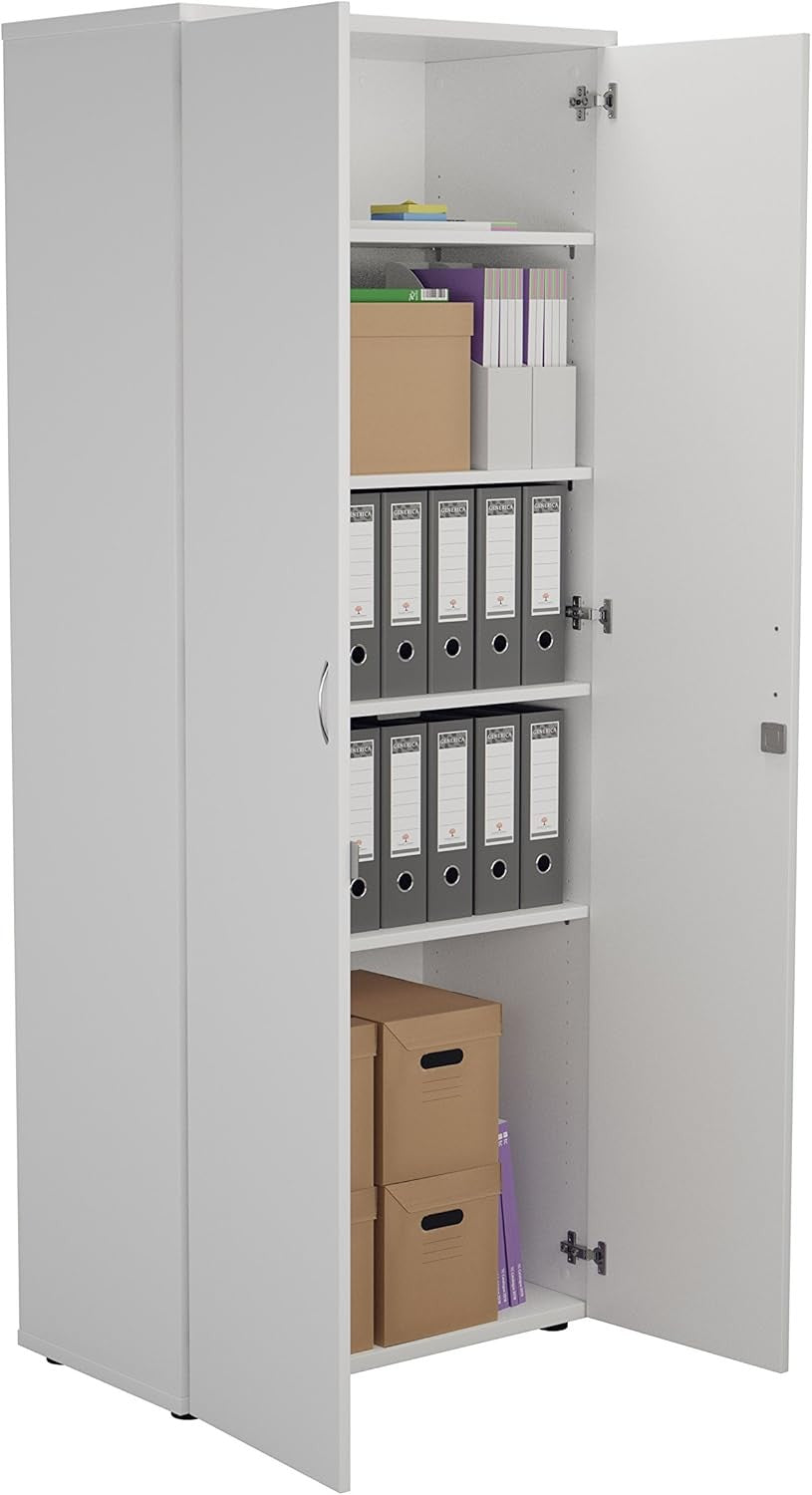 Tall White Lockable Office Cupboard 4 Shelf Storage Cabinet 200cm