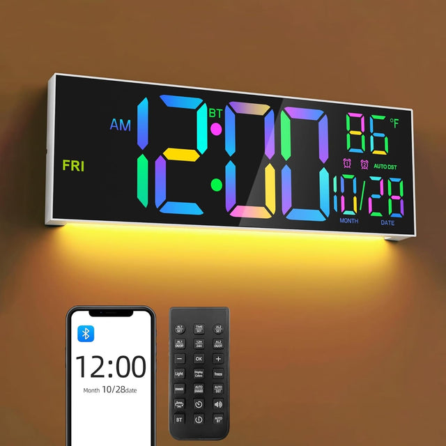 16.5" Large Digital Wall Clock RGB LED Display Temp Date Alarm Remote Sync
