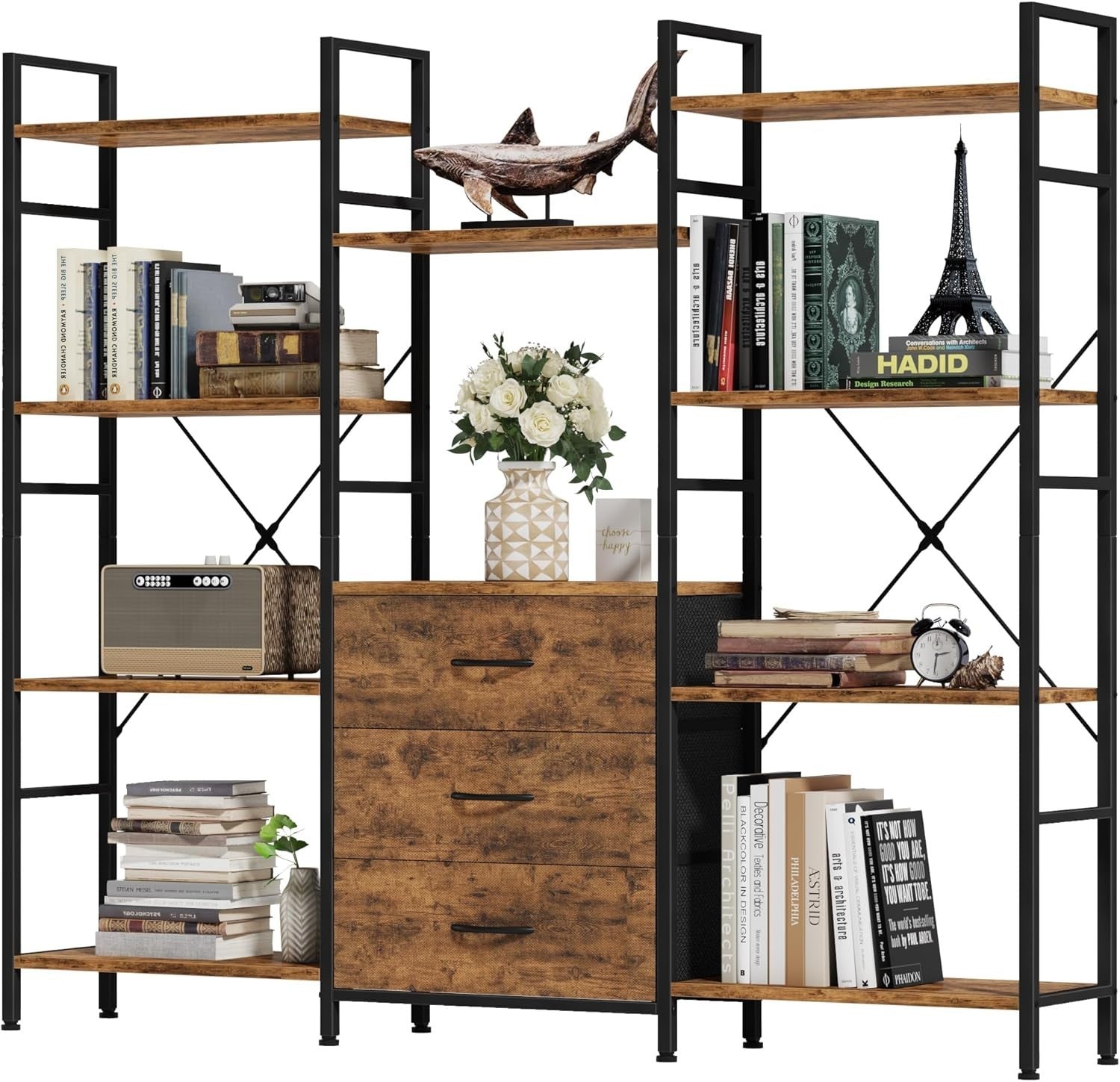 150cm Wide Tall 4-Tier Bookcase with 3 Fabric Drawers Industrial Storage