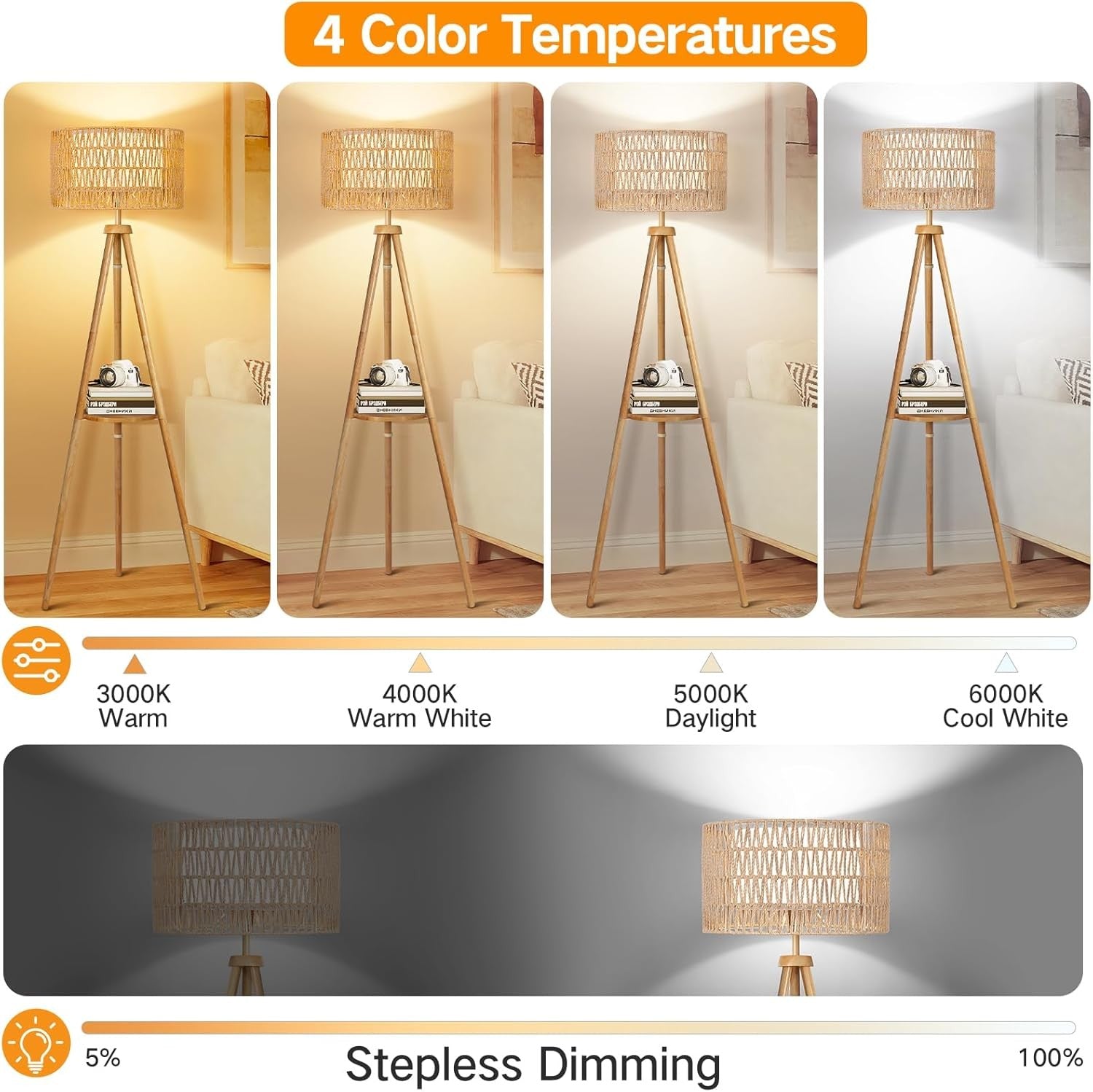 Wooden Tripod Floor Lamp Rattan Double Shade Remote Dimmable Boho Light