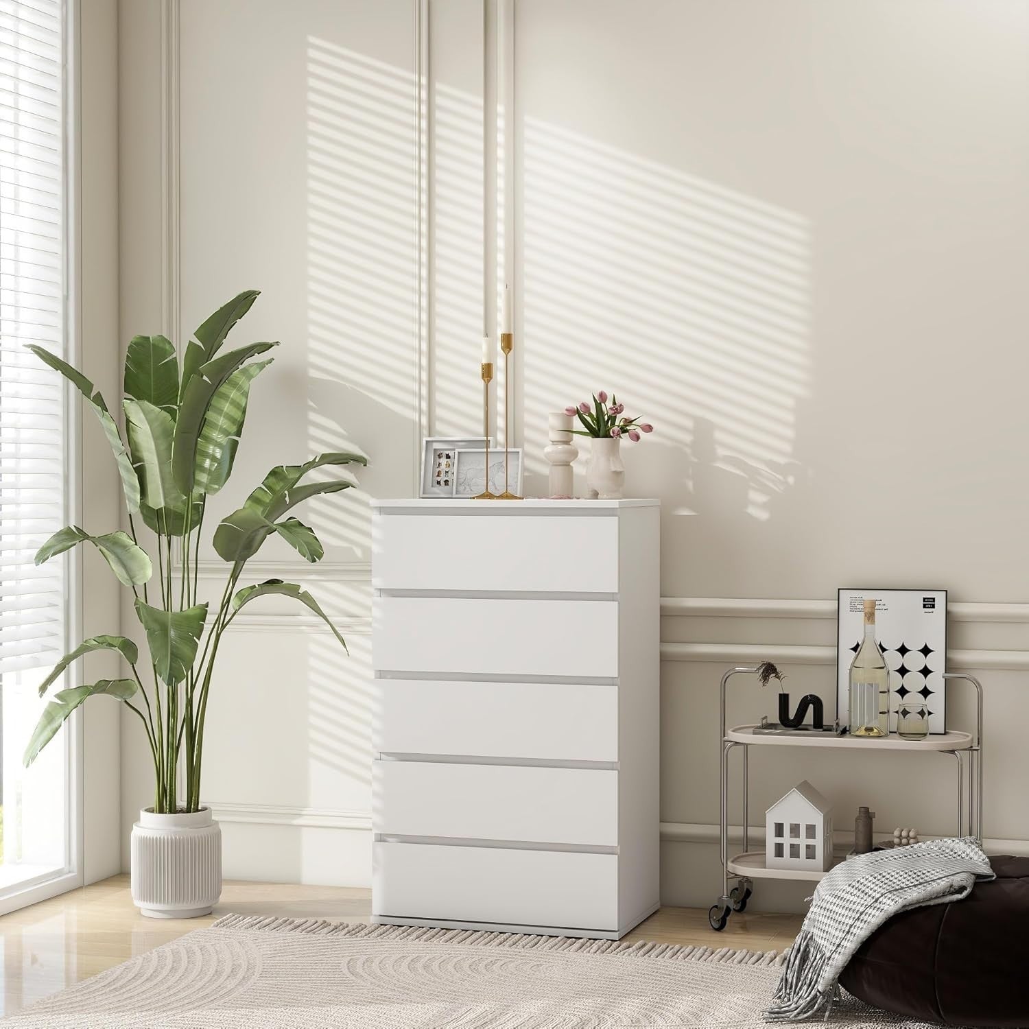 Modern White 5-Drawer Chest Organizer | Sleek No Handle Tall Dresser Uni5