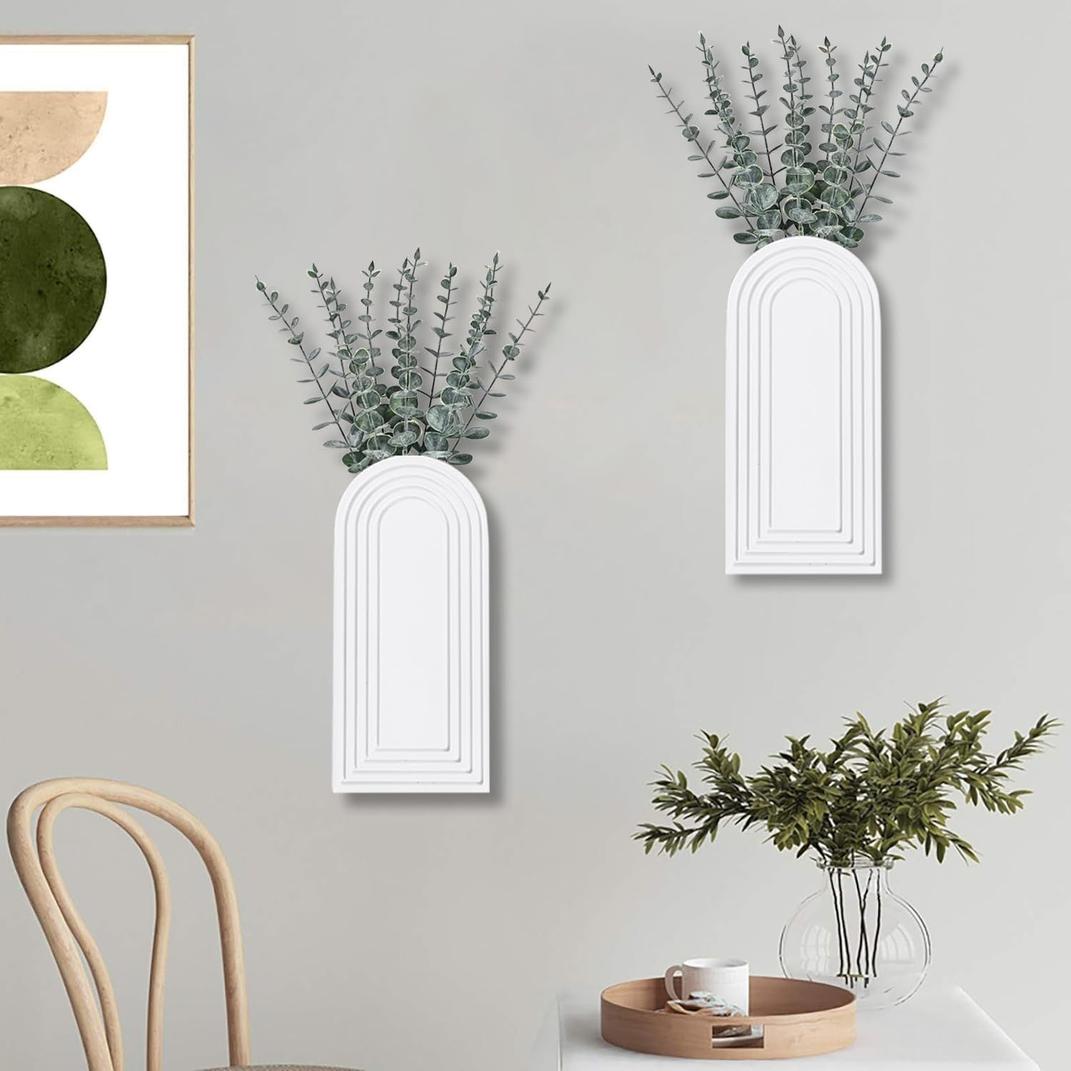 Modern Wall Wood Vase Set of 2 White Farmhouse Entryway Hanging Decor