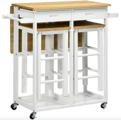 Folding Bamboo Dining Table Set with Stools White Compact Drop Leaf Cart