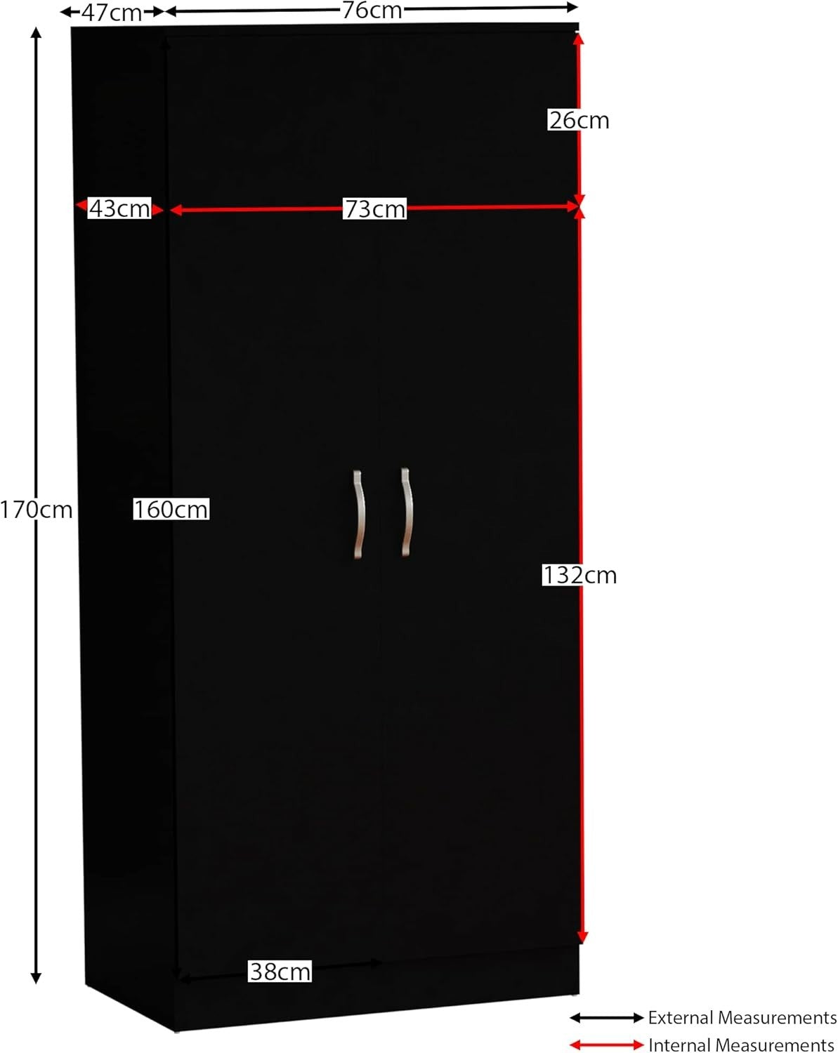 Black 2 Door Wardrobe With Shelf & Rail, Modern Bedroom Storage Unit