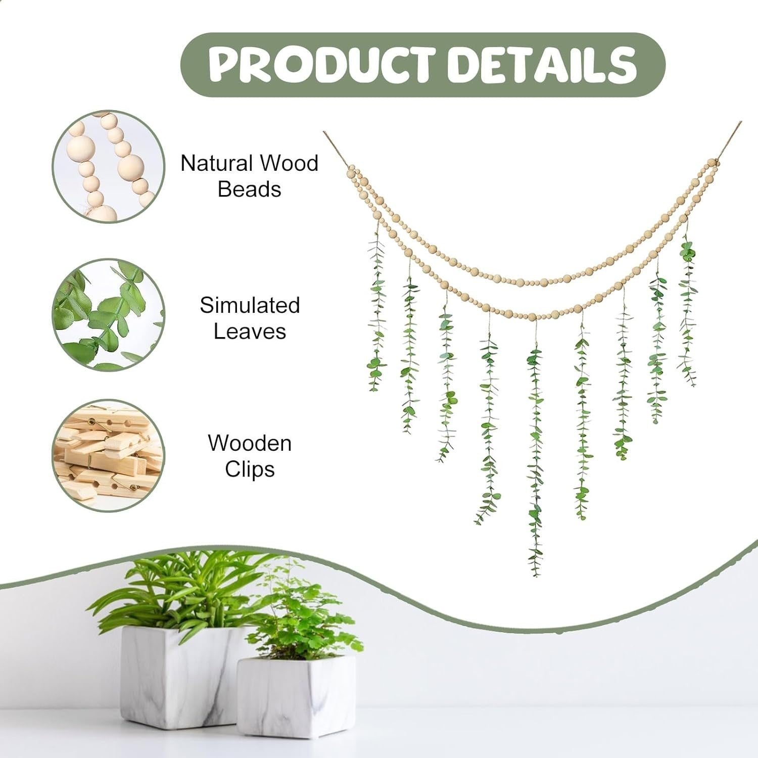 Boho Eucalyptus Leaf Wall Hanging Photo Clip Decor 110cm Green