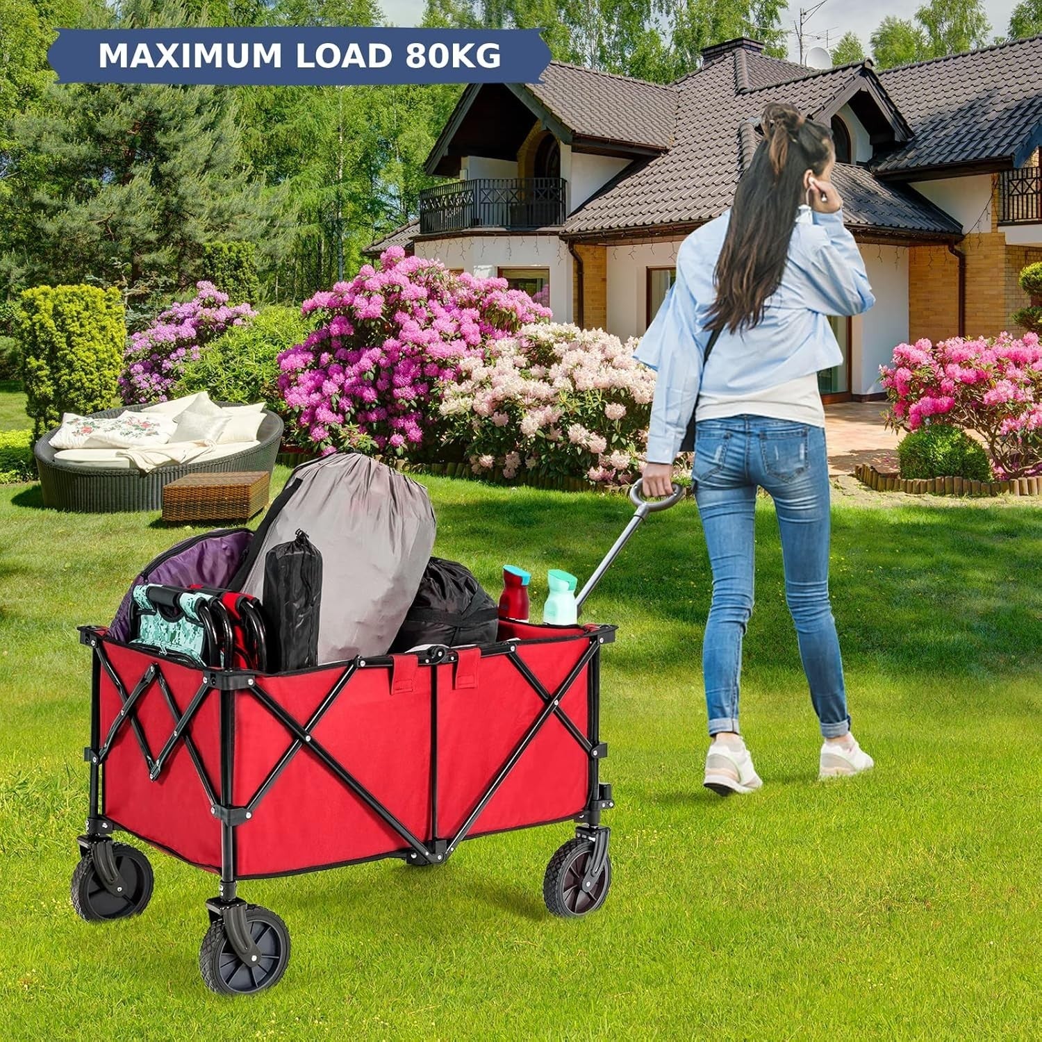 Red Folding Camping Wagon Heavy Duty Collapsible Beach Garden Cart w/ Handle
