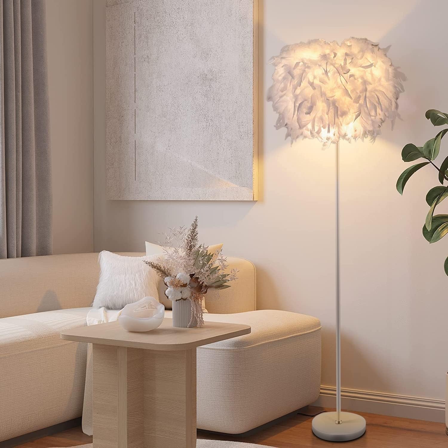 Feather Floor Lamp White Modern Standing Light Soft Ambient Bedroom Decor
