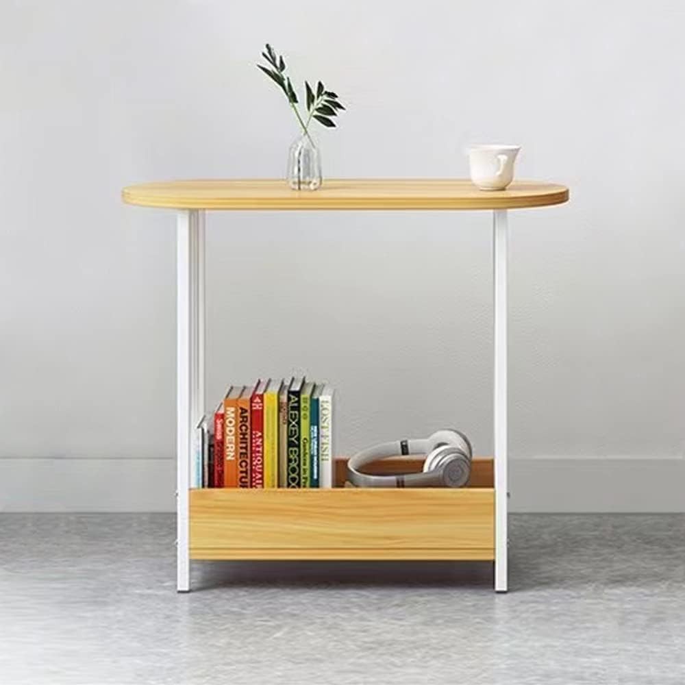 Oval Walnut Side Table with Storage Shelf – Modern Small Sofa Coffee Table