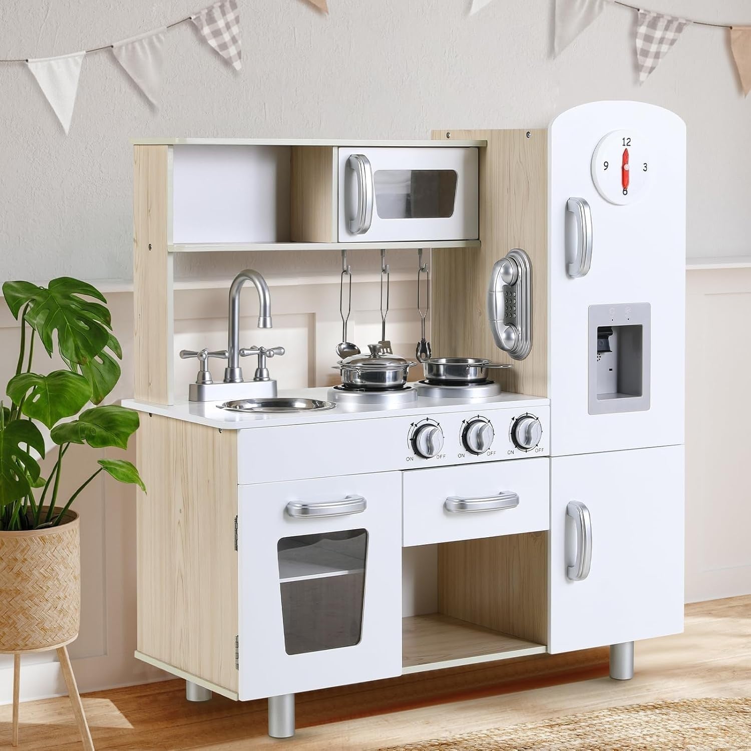 Kids Wooden Play Kitchen Set w/ Lights Sounds Ice Cream Maker