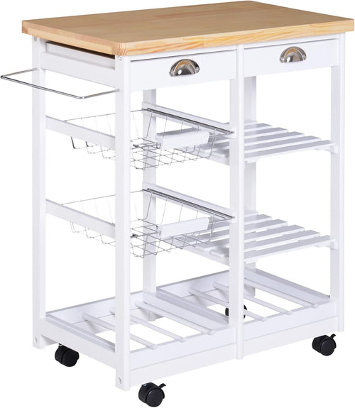 Kitchen Trolley on Wheels Storage Cart Drawer Wine Rack Shelves Wooden Top