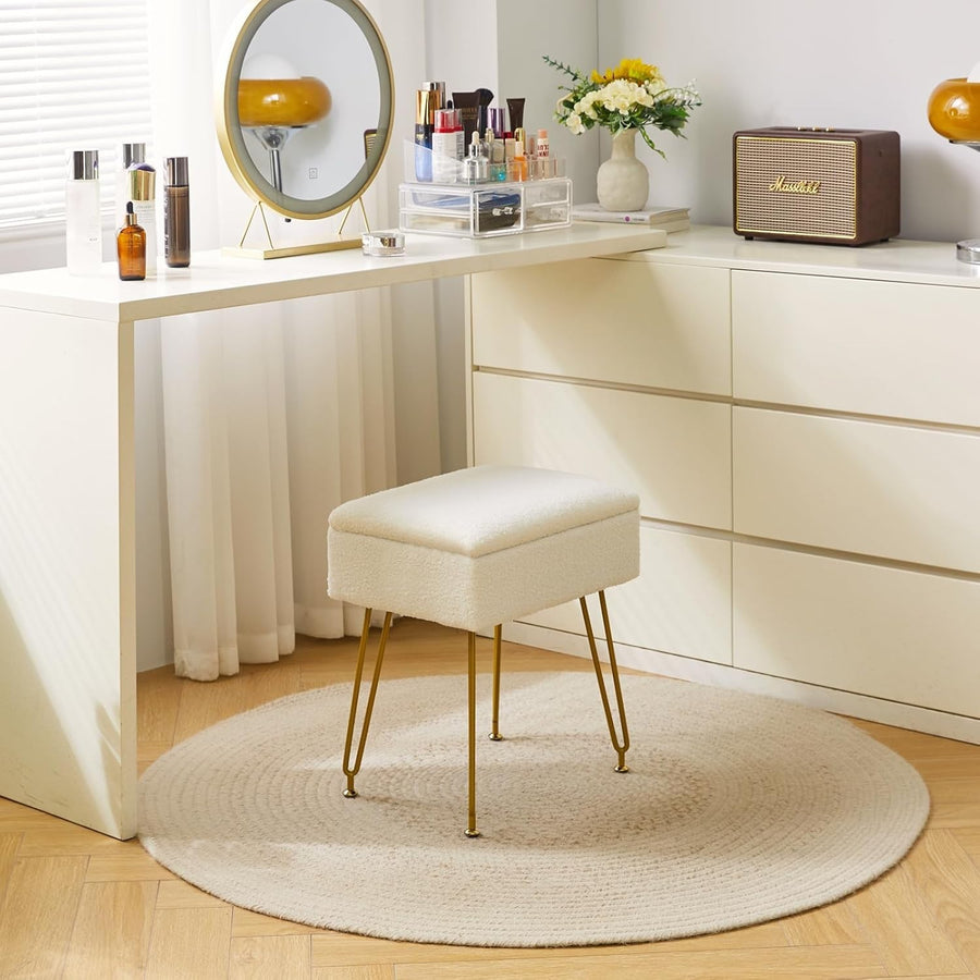 White Teddy Velvet Storage Ottoman Stool Modern Footrest Dressing Table Seat