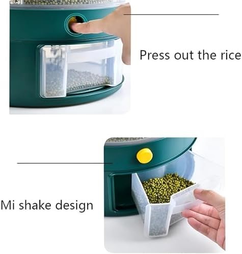 10KG 360° Rotating Rice Dispenser 6 Grid Grain Storage Container