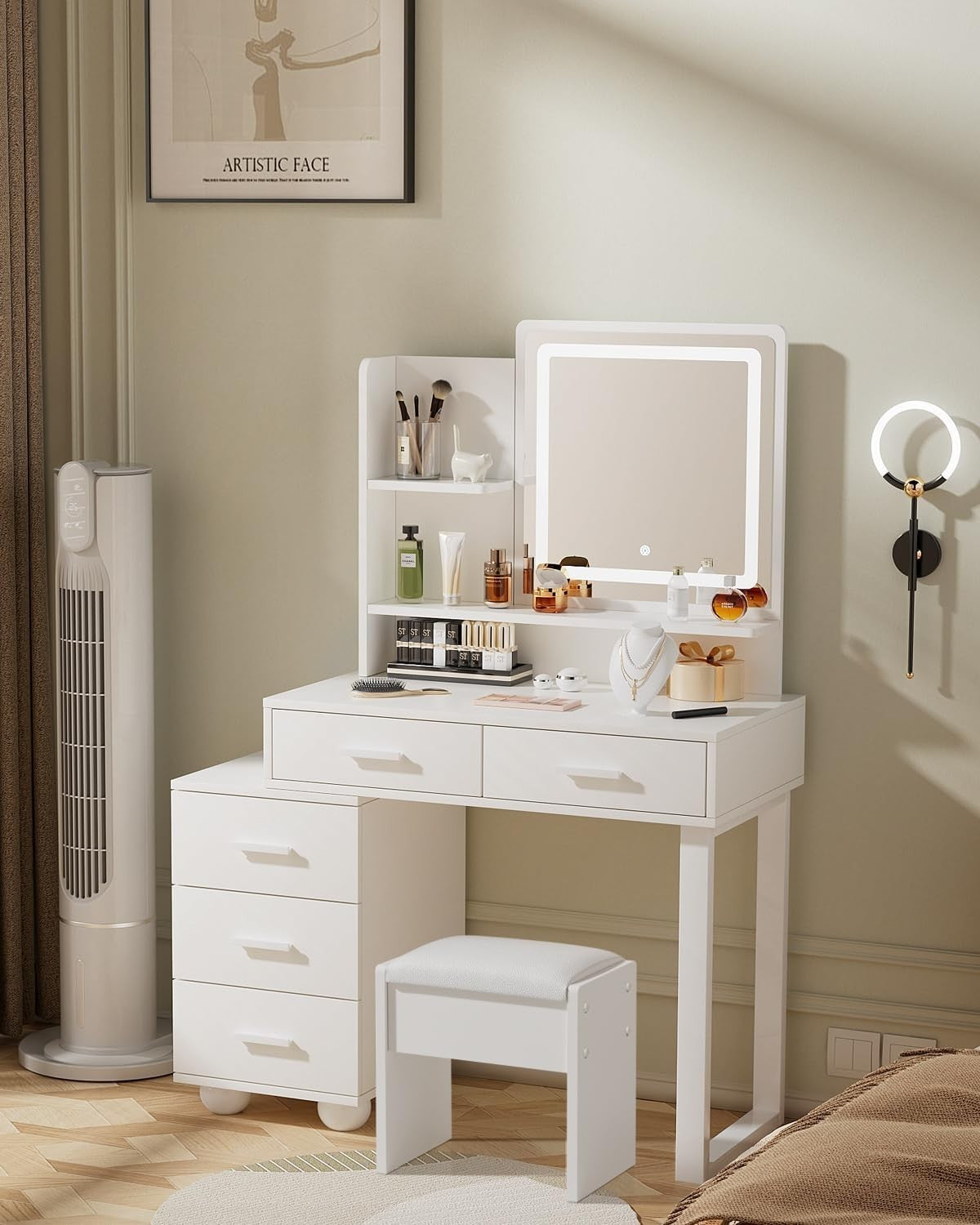 White Dressing Table LED Mirror 5 Drawers Flexible Vanity Desk Makeup Storage