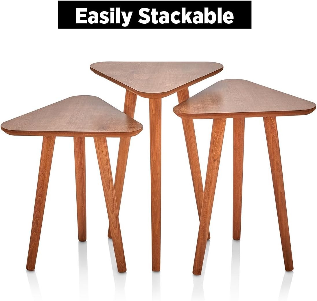 Brown Wood Nesting Coffee Table Set of 3 End Side Tables Living Room Furniture