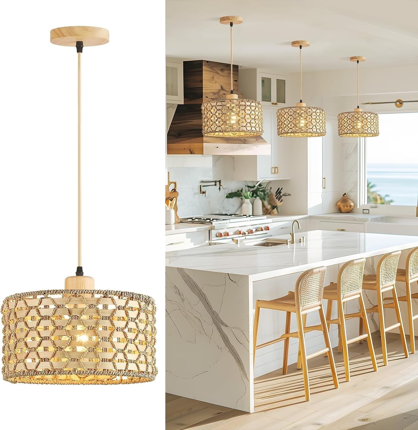 Rattan Pendant Light Shade 30cm Boho Woven Ceiling Lamp E27