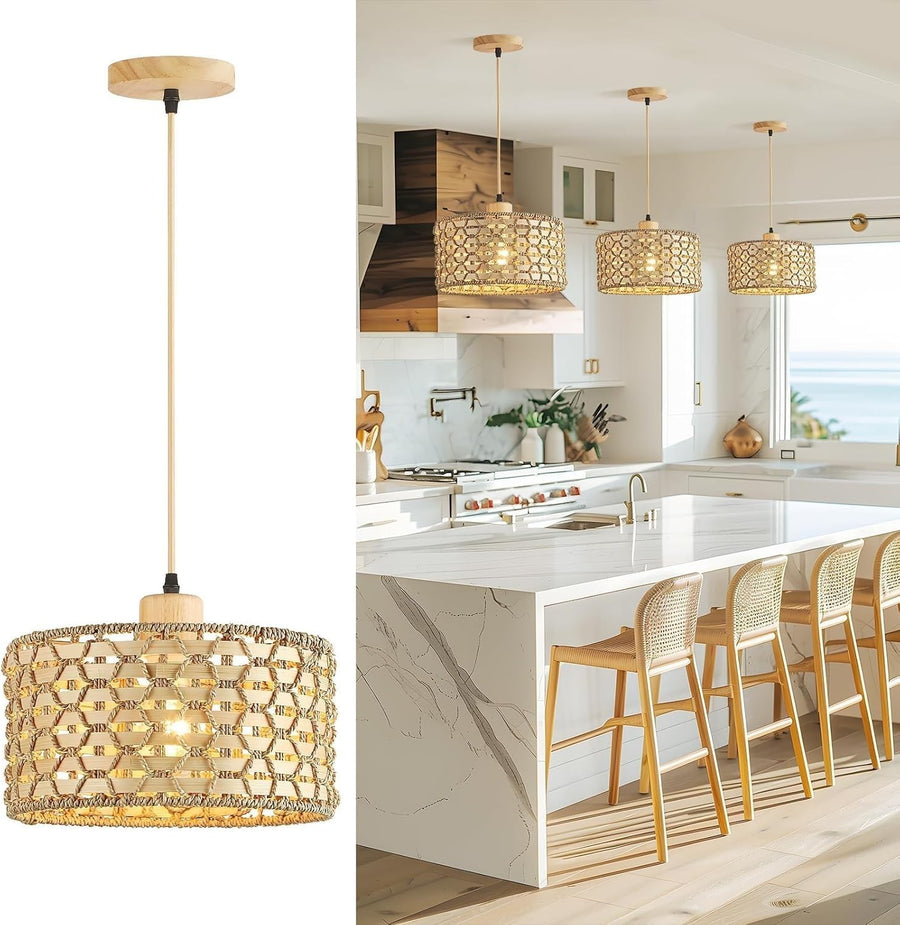 Rattan Pendant Light Shade 30cm Boho Woven Ceiling Lamp E27