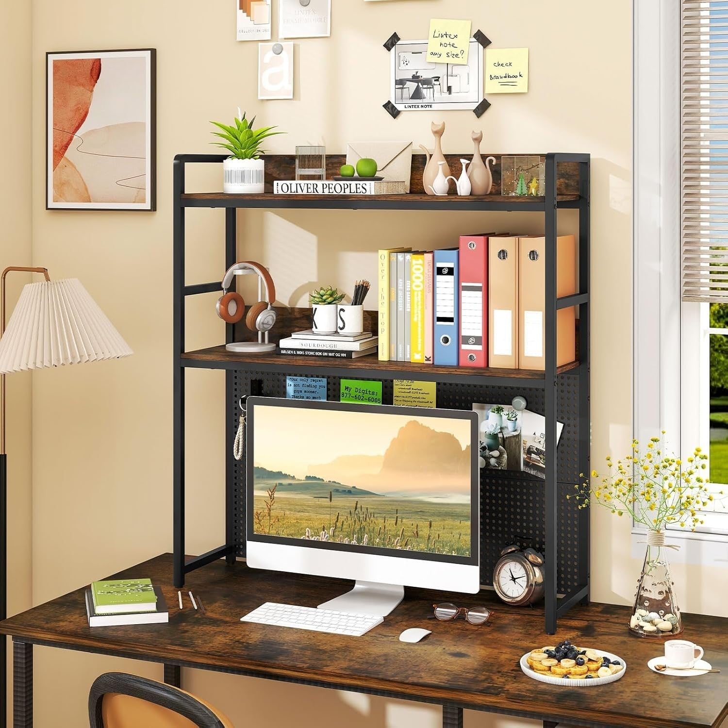 2-Tier Desktop Bookshelf Hutch Pegboard Monitor Shelf Rack Industrial Storage