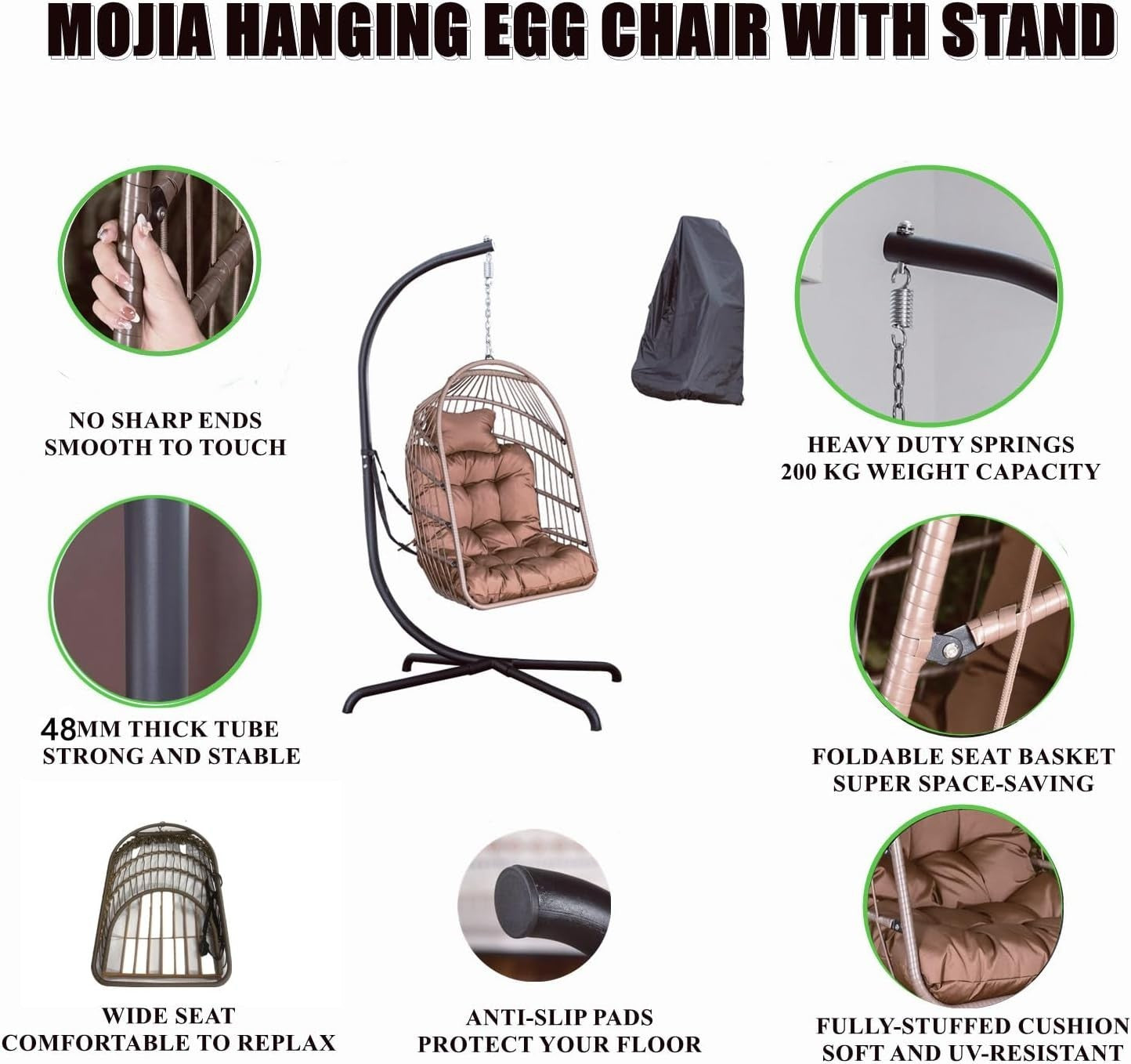 Hanging Swing Egg Chair with Stand & Soft Cushion for Indoor Outdoor Dark Coffee