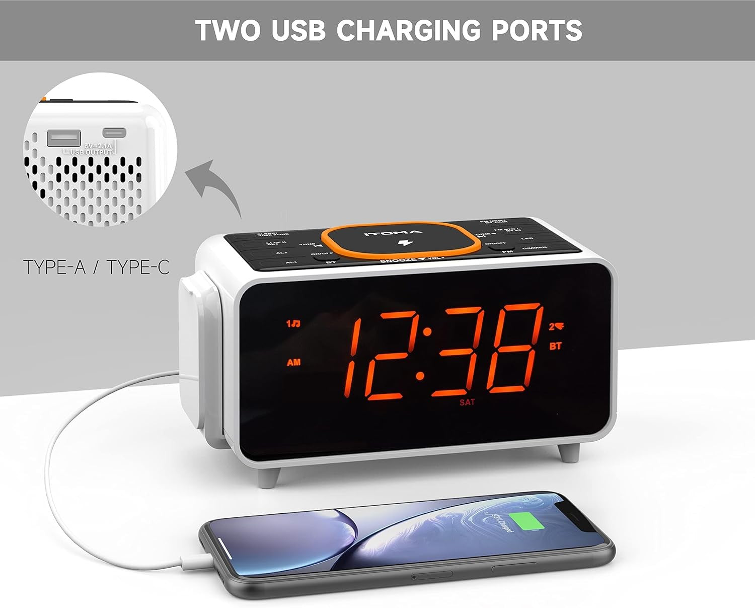 Wireless Charging Alarm Clock Radio Bluetooth Speaker USB Fast Charge LED
