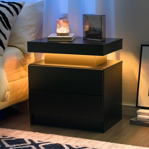 Sleek Black LED Nightstand with RGB Lighting & Drawers