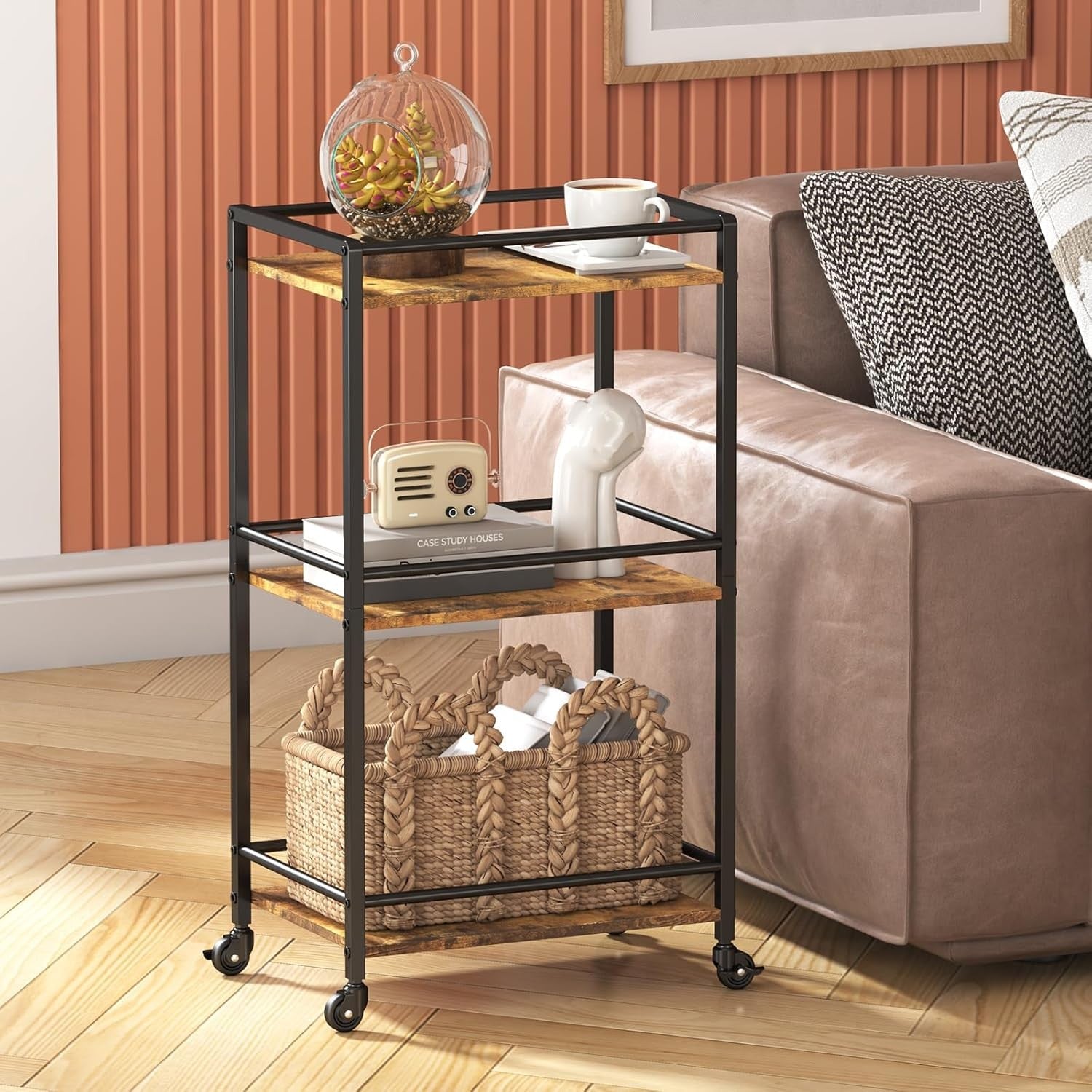3 Tier Drinks Trolley Bar Cart on Wheels Rustic Serving Cart with Storage