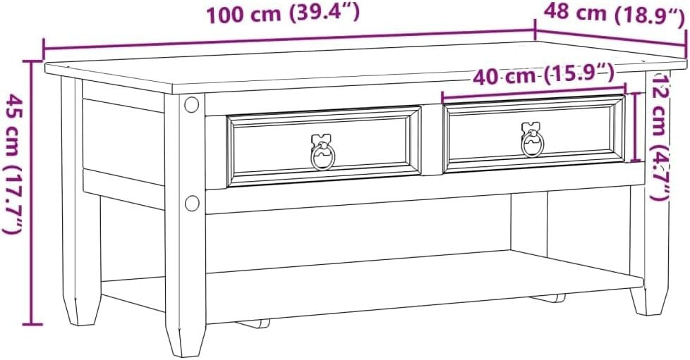 Solid Pine Coffee Table with Storage Drawers & Shelf | Rustic Wood 100x48x45cm