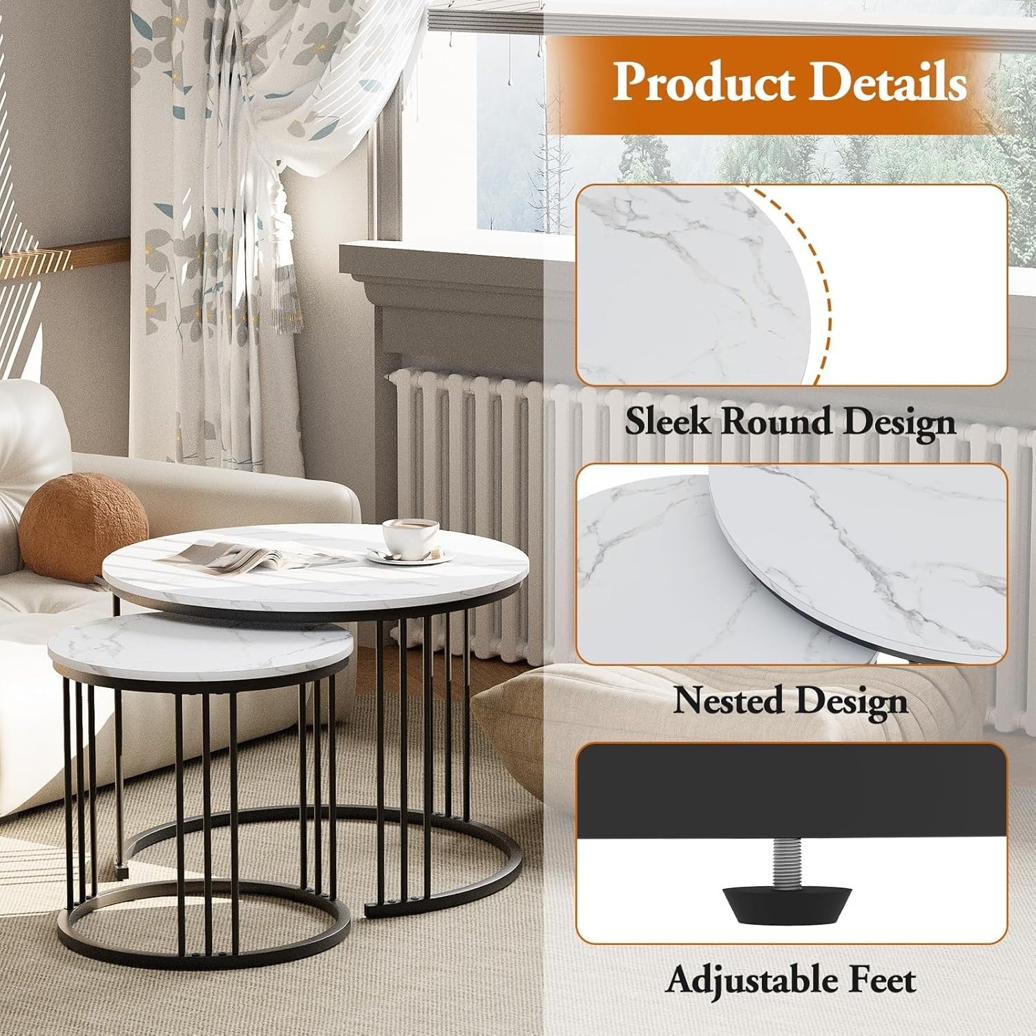 Modern Nesting Coffee Table Set for Small Spaces - Round Metal & Wood Side End