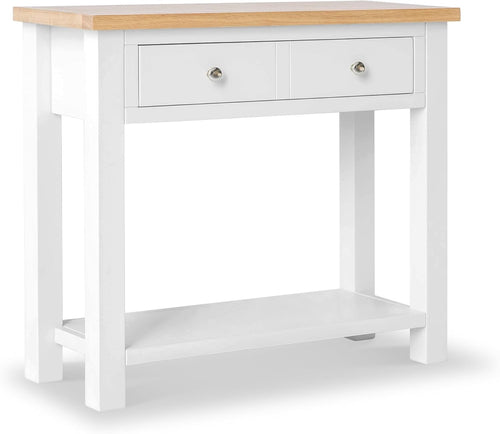 Wide White Oak Console Table with Drawer & Shelf, Hallway Storage