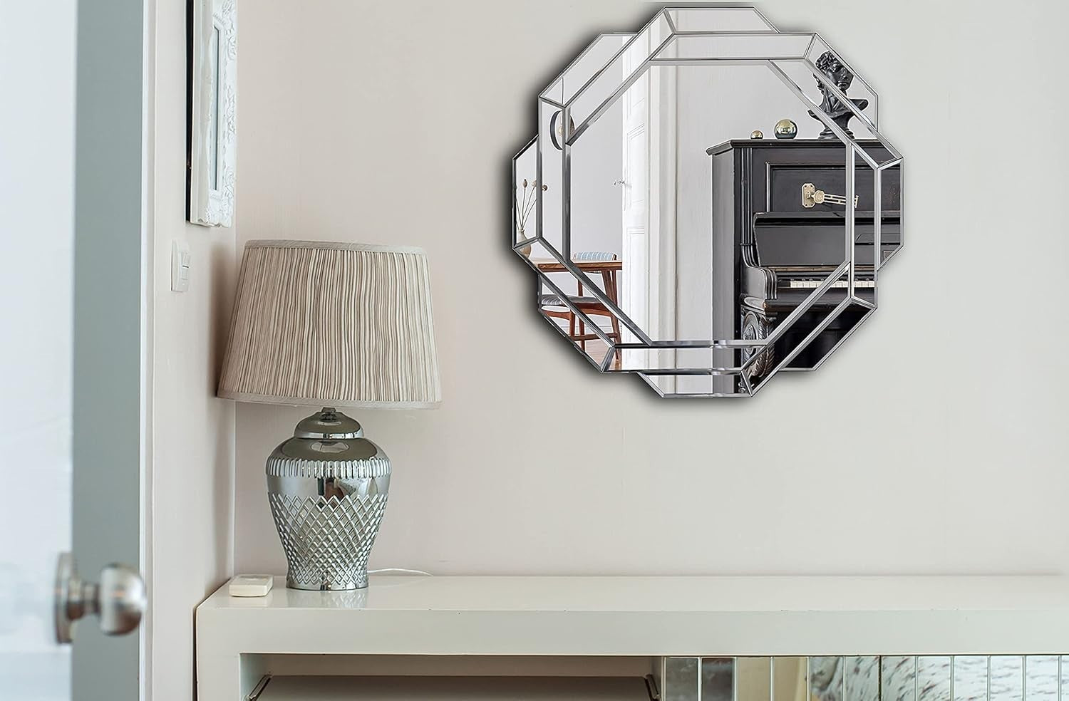 Hexagonal Frameless Wall Mirror 80x80cm, Sleek Silver Beveled Design