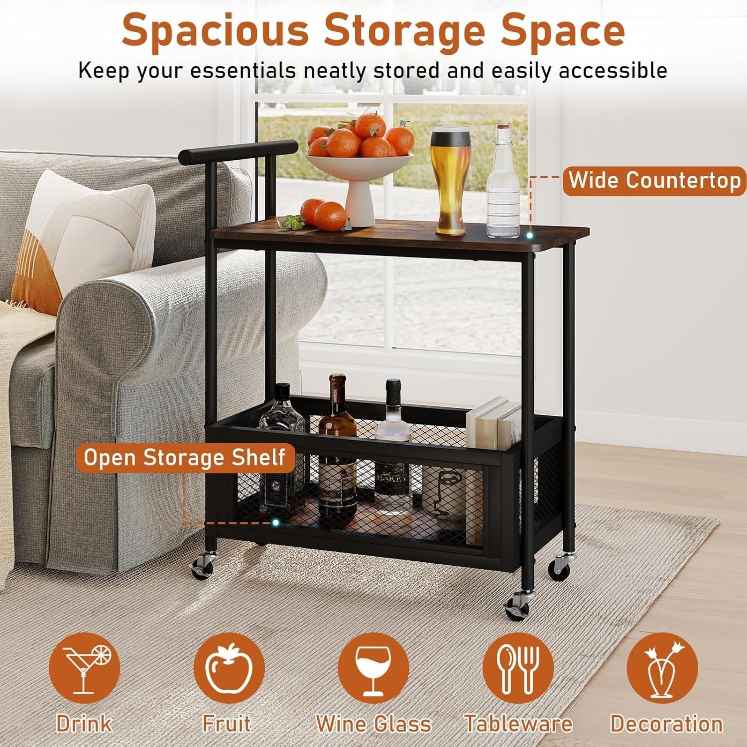 3 Tier Rolling Bar Cart Rustic Serving Trolley Drinks Storage Wheels