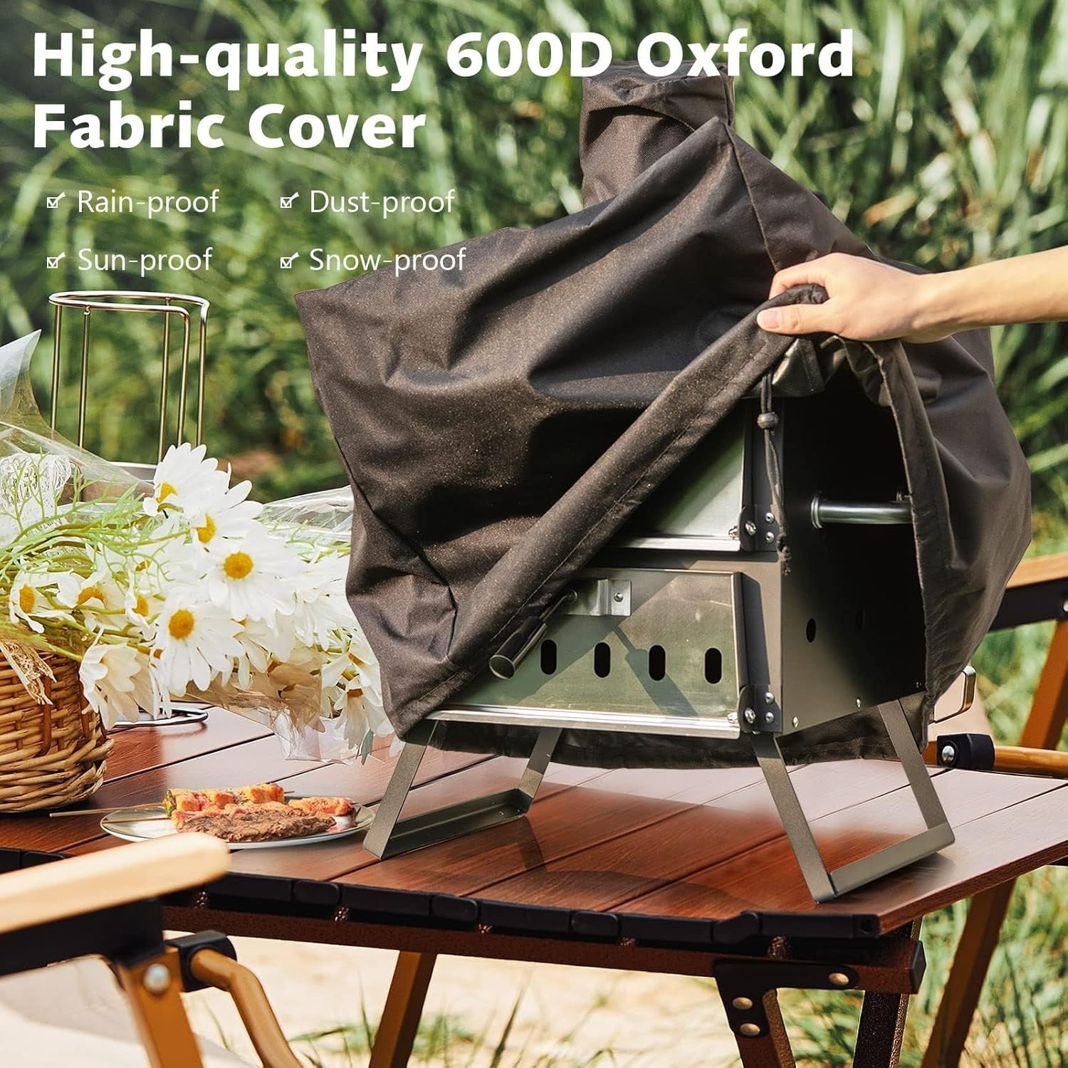 Wood Fired Outdoor Pizza Oven 2-Layer Stone BBQ Cooker with Cover & Peel