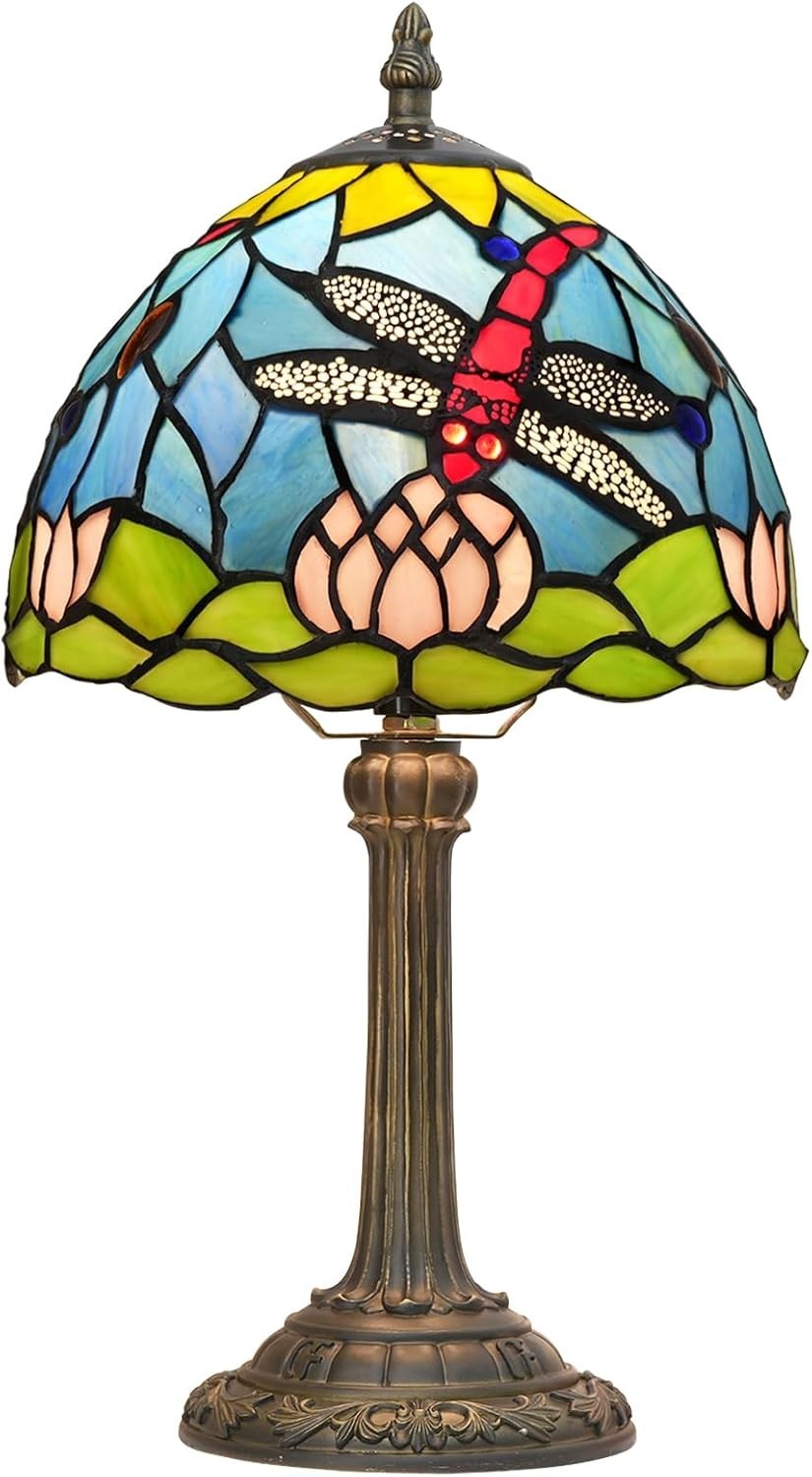 Tiffany Style Stained Glass Table Lamp Dragonfly Lotus Flower Decor