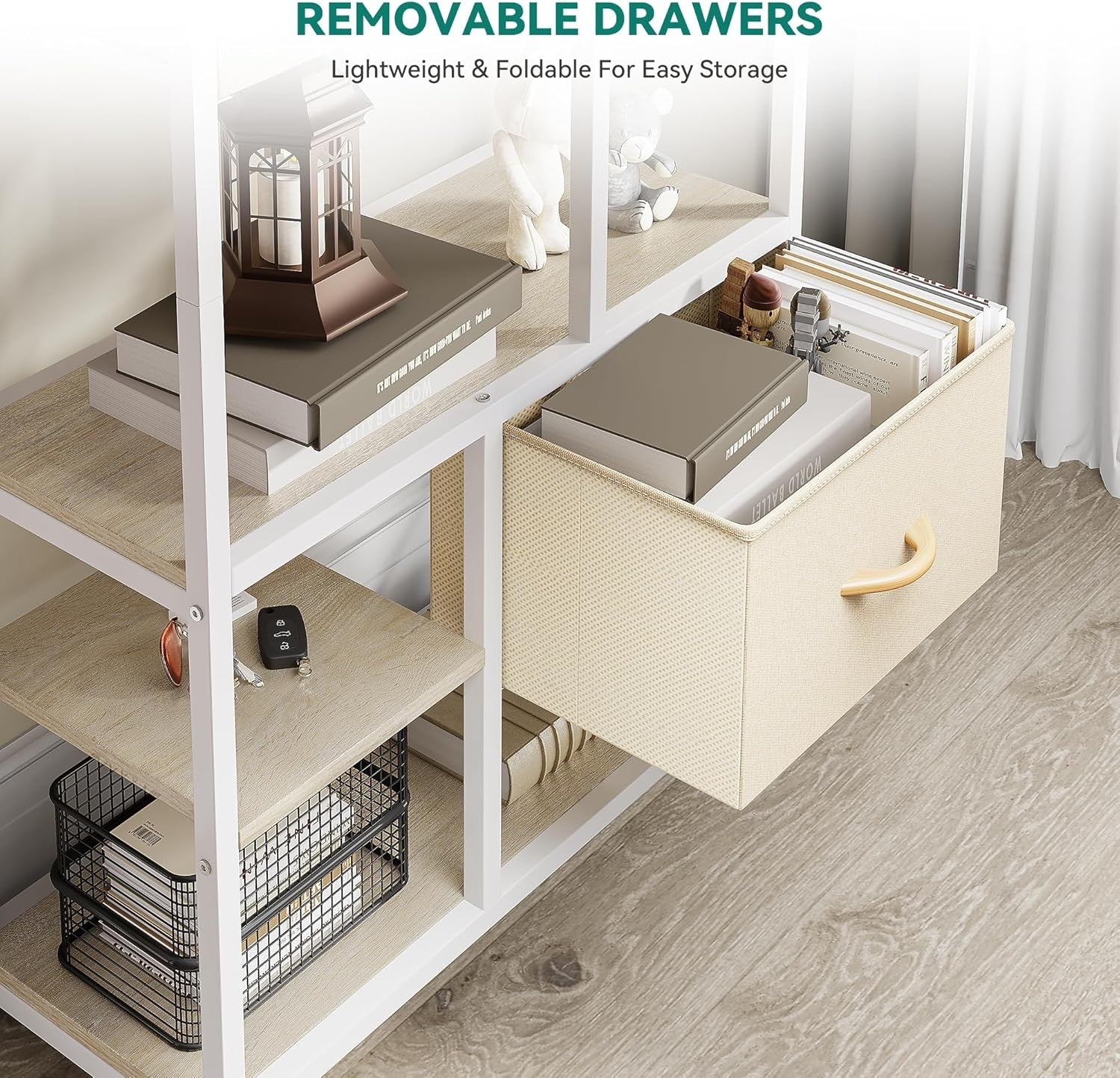 7-Tier Industrial Bookshelf with Drawers, Tall Storage Display Unit Beige