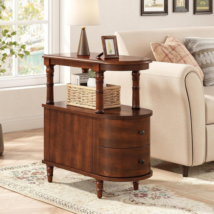Solid Wood End Table with Drawers & Shelf – Cherry Walnut Side Table