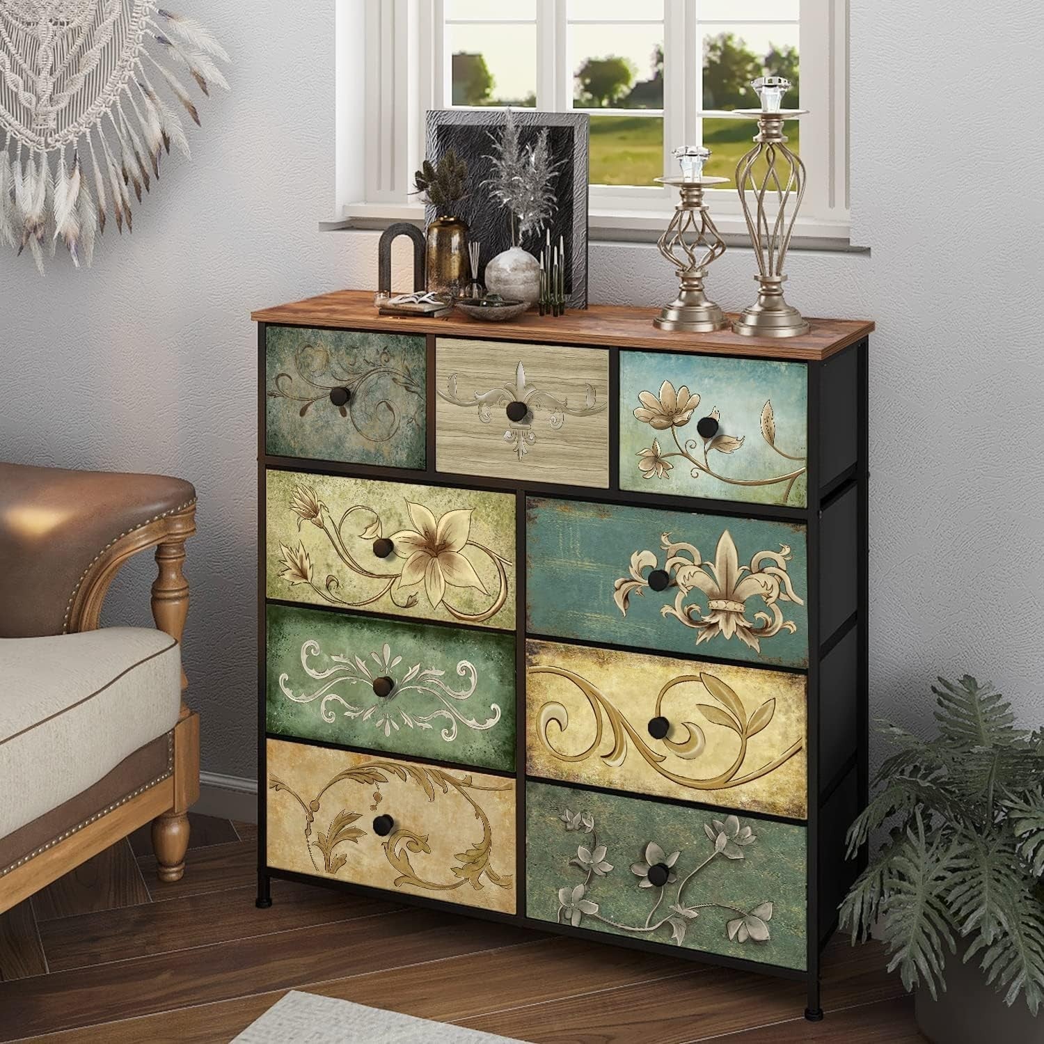 Retro Floral Pattern 9-Drawer Dresser Chest for Bedroom Nursery Storage