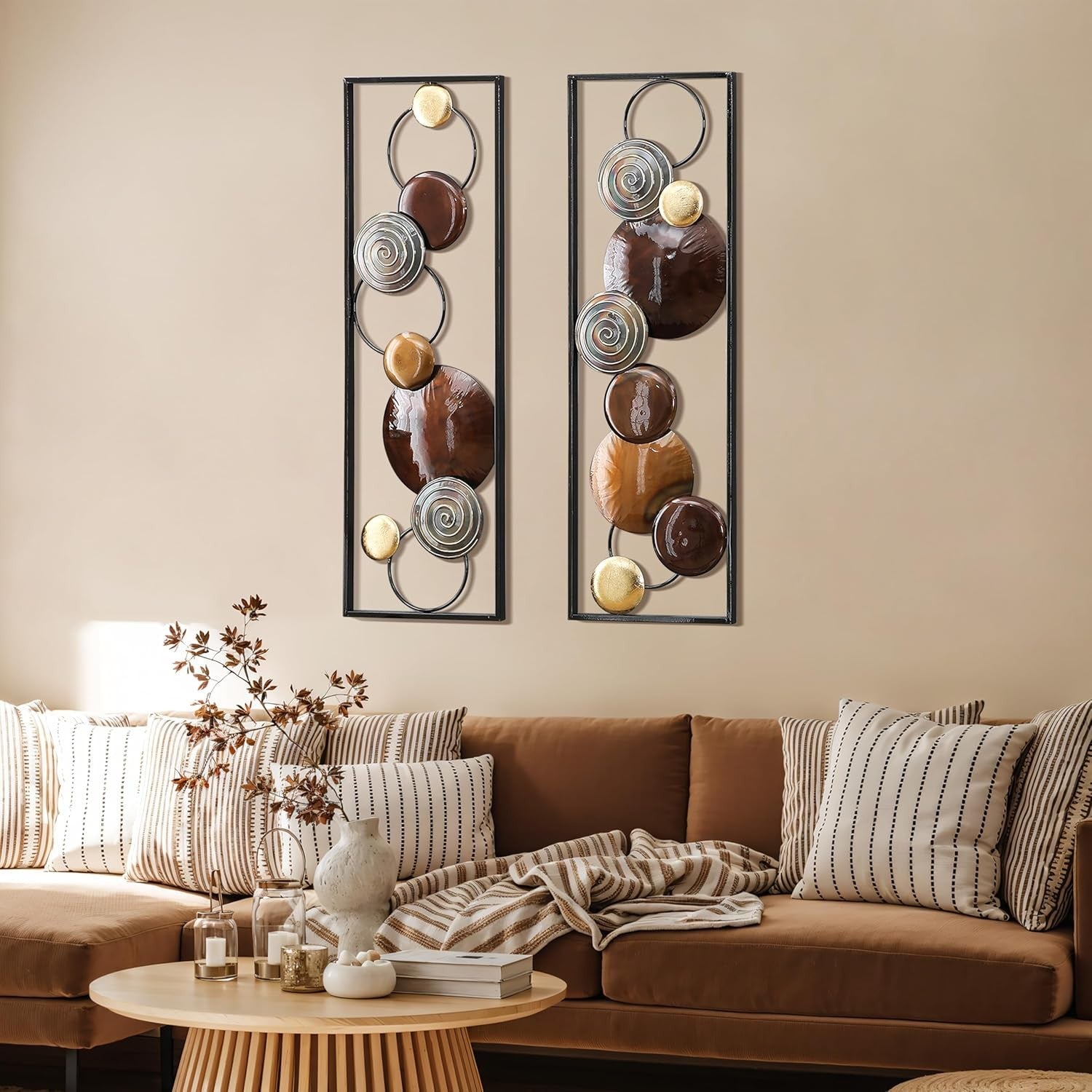 Large Metal Wall Art 2 Piece Abstract Brown 36 Inch Decor