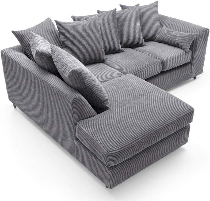 L Shaped Corner Sofa Jumbo Cord Fabric Deep Cushions Grey 212cm Wide