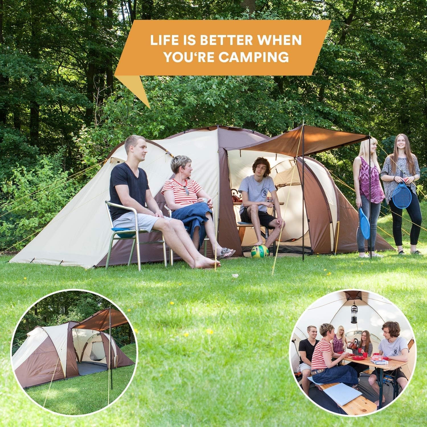6 Man Family Dome Tent 3000mm Waterproof 3 Cabins Sun Canopy