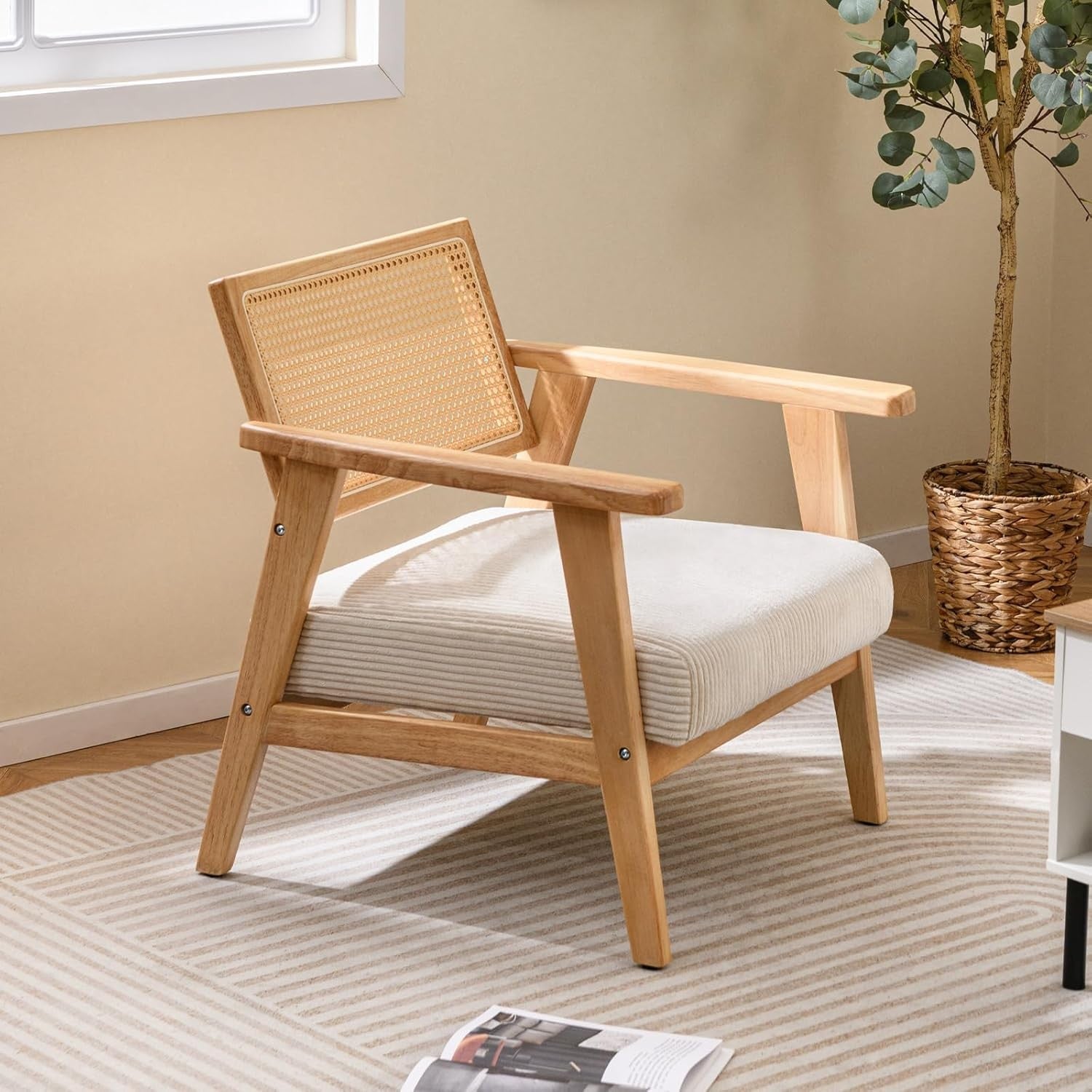Corduroy Accent Chair Rattan Back Wood Frame Lounge Armchair