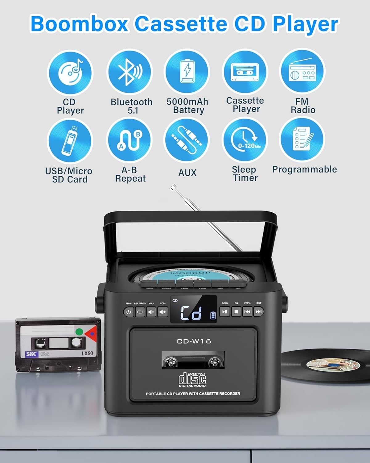 Portable CD Player Boombox Cassette Bluetooth FM USB TF AUX Remote