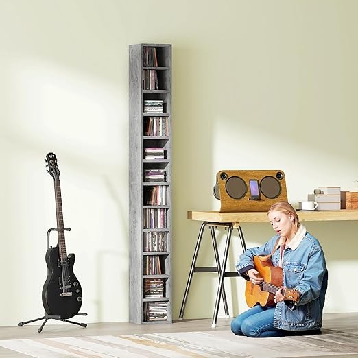 Tall CD Storage Tower 12-Cube Bookcase Slim Shelf Unit 175cm Modern Grey