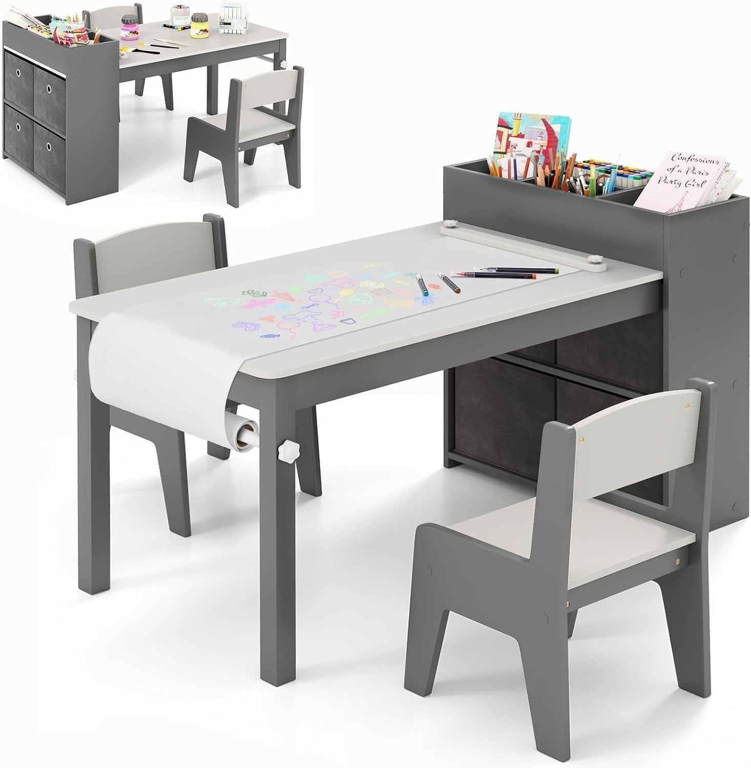 Kids Art Table & Chair Set Grey – Paper Roll + Storage Bins Craft Desk