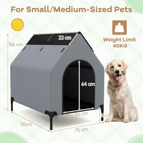 Outdoor Elevated Dog House with Canopy, 2 Top Windows & Breathable Bed