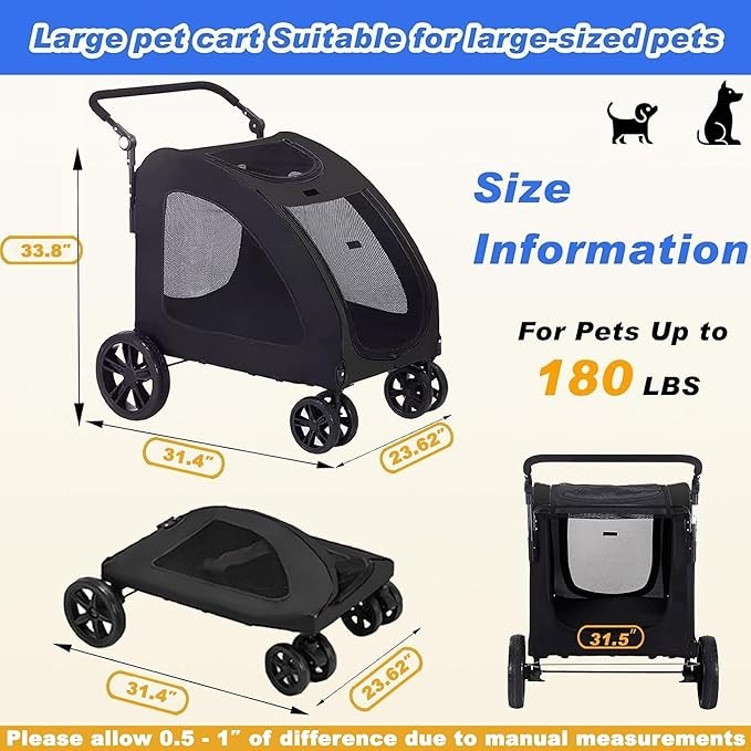 Heavy Duty Dog Stroller 4 Wheel Pet Pram Large Dogs 80kg Travel Pushchair