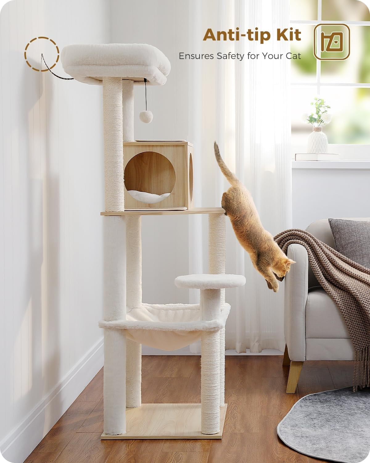 143cm Wooden Cat Tree Multi Level Scratching Post Condo Hammock Beige