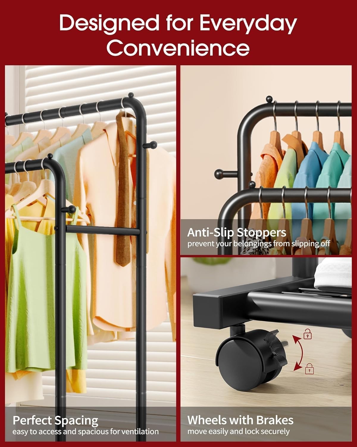 Double Rod Clothes Rail with Shelf & Hooks – Black 150cm