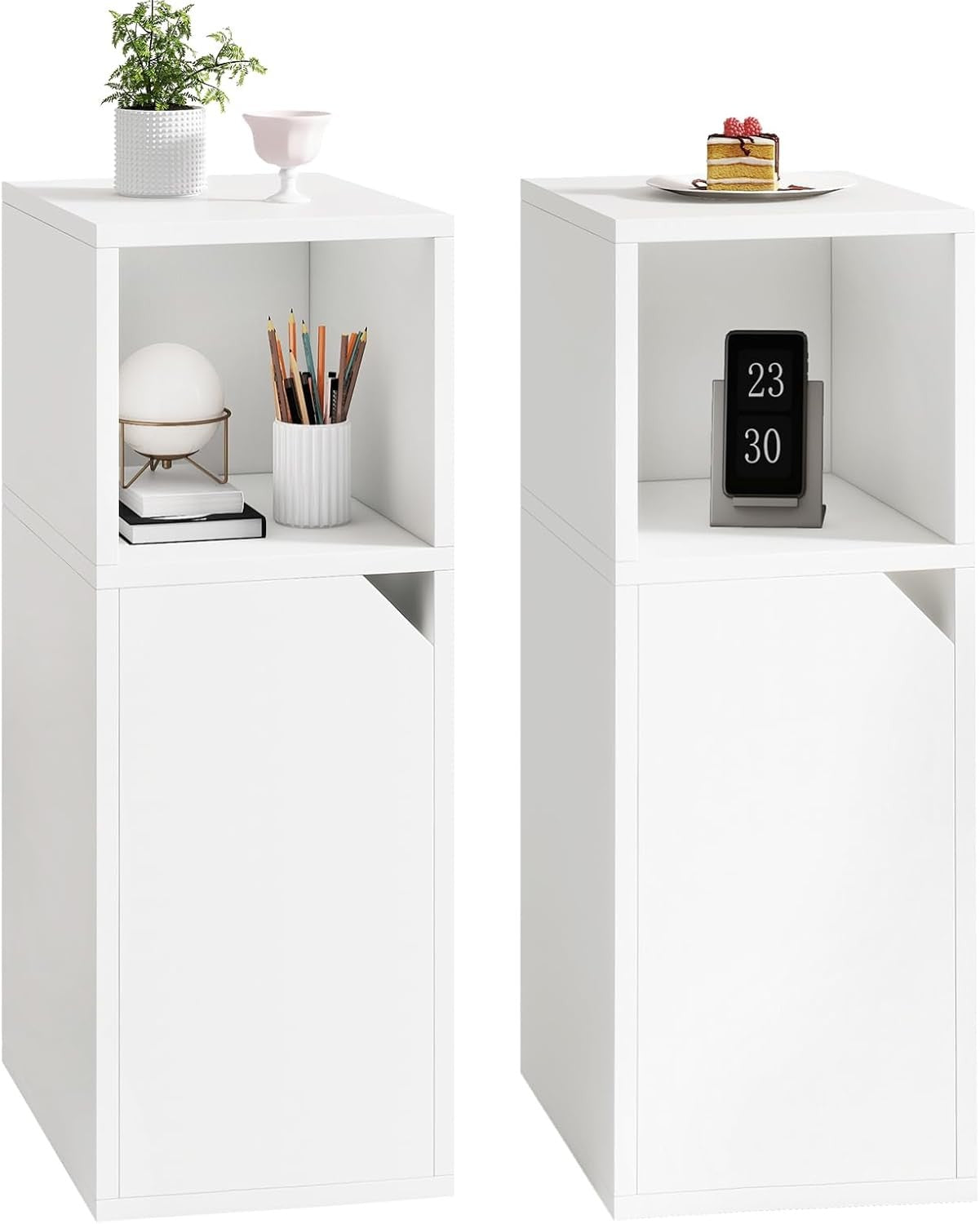 Slim White Bedside Tables Set of 2 – Narrow Nightstands with Door & Open Shelf