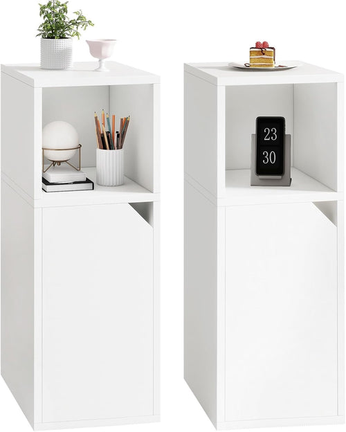 Slim White Bedside Tables Set of 2 – Narrow Nightstands with Door & Open Shelf